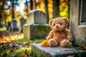 teddy bear and funeral flower on gravestone for deceased children