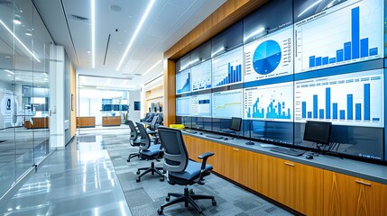 Aufkleber - Modern office interior with data analysis displayed on large screens.
