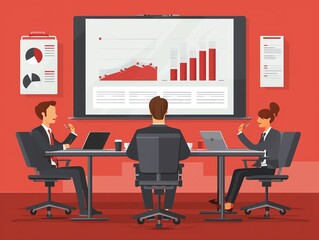 Poster - Business meeting with graphs and charts on screen.