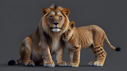 Cutout of a large lion and a small, adorable lion cub. Based on generative AI.