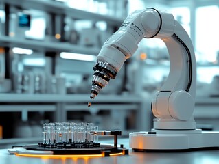 Fototapete - Robotic arm placing small object into test tube in a laboratory.