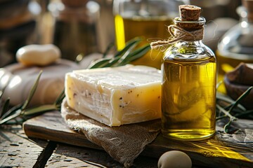 Wall Mural - Homemade olive oil and herb soap, bottle of olive oil and rosemary on a wooden table.