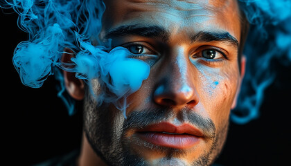 Wall Mural - Illustration of a macho man's face in a close-up photo and surrounded by blue smoke