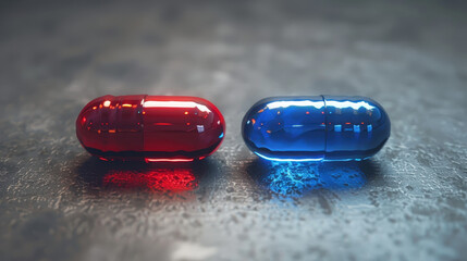 Wall Mural - Two pills, one red and one blue, are on a table. The pills are in a close up and the reflection of the pills can be seen in the water