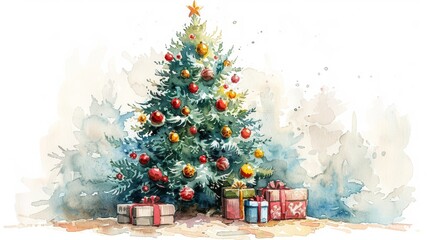 Cartoon watercolor of a decorated Christmas tree with colorful ornaments and presents underneath. Isolate A white background surrounds the main subject.