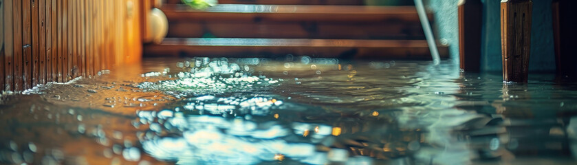 Wall Mural - A flooded basement with a staircase leading up to the second floor. The water is murky and the floor is wet