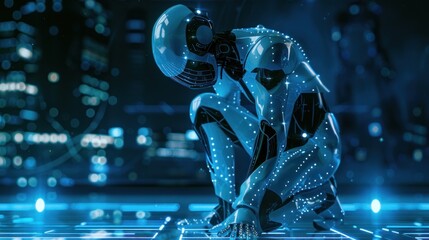 Wall Mural - Futuristic Cyborg Kneeling in a Blue City