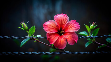 Wall Mural - Hibiscus Flower Blooming Through Barbed Wire.