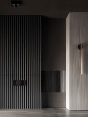 Wall Mural - A minimalist house with a dark gray slat wall and concrete floor