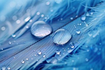 Wall Mural - two water drops on feather, macro photo. abstract blue background with soft focus and blurred edges.