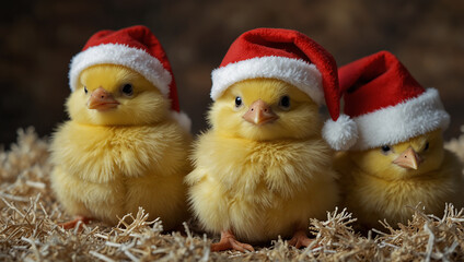 Three fluffy yellow chicks wearing Santa hats, sitting on a bed of brown straw.