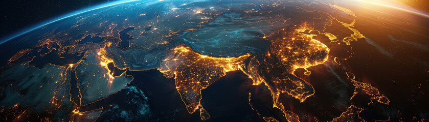 Canvas Print - a globe with the countries of india and china lit up in the night sky. concept of wonder and awe at 