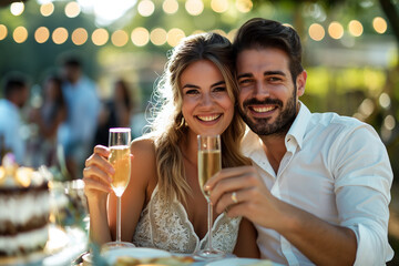 A happy couple tasting wine and enjoy birthday party cake, young people enjoying harvest time.