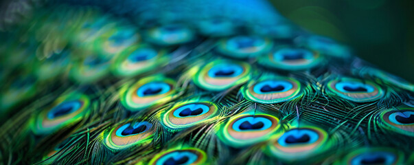 Wall Mural - Close-up of the vibrant green and blue plumage patterns on peacock feathers, showcasing intricate feather textures and colors