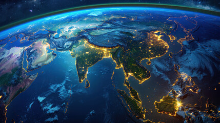 Canvas Print - a globe with the countries of india and china lit up in the night sky. concept of wonder and awe at 