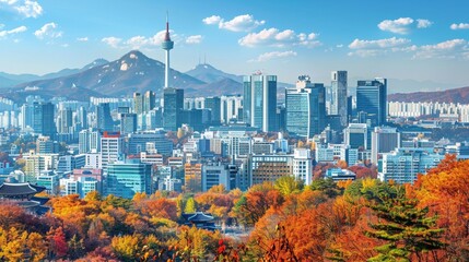 A scenic view of Seoul's cityscape with modern skyscrapers, historic palaces, and mountains in the background