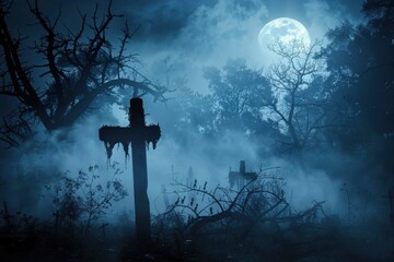 Wall Mural - Haunting Moonlit Cemetery Night