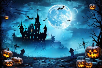 Wall Mural - Eerie haunted castle under a bright full moon with glowing pumpkins and flying bats, on a spooky Halloween night.