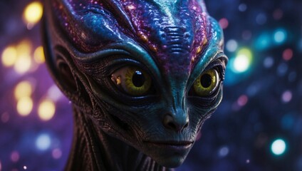 Wall Mural - Enigmatic alien being mesmerizing eyes reflecting galaxies of color and intelligence.