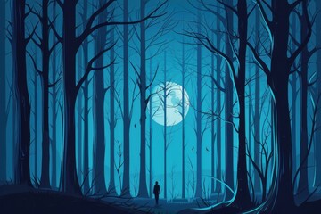 Sticker - A lone figure stands in a moonlit forest with tall trees. The scene is atmospheric with shades of blue.