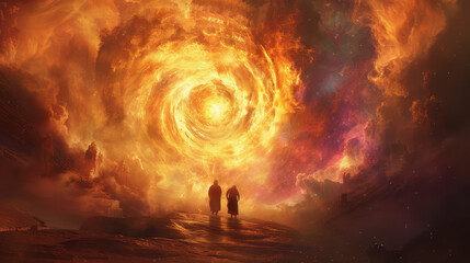 Wall Mural - Two people walking through a fiery tunnel. The tunnel is filled with fire and smoke, creating a sense of danger and urgency. The two people are walking towards the end of the tunnel