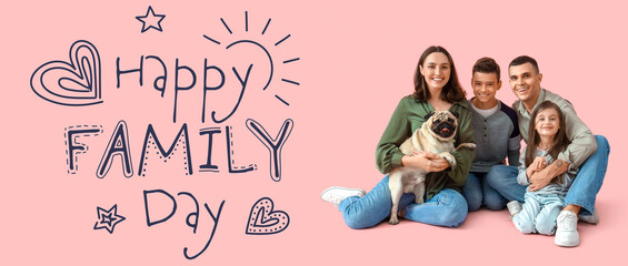 Poster - Little children with their parents and pug dog sitting on pink background