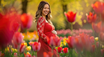 Wall Mural - A beautiful pregnant woman wearing a red dress smiling in the middle of a colorful tulip field