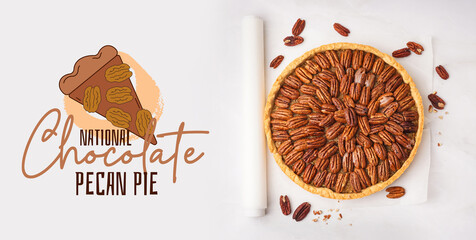 Wall Mural - Tasty pecan pie on white background