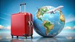 © Musarrof - Red suitcase and airplane with planet earth globe in background, copy space. Travel around the world, holiday agency tourism adventure trip, map tour, business airline booking destination location