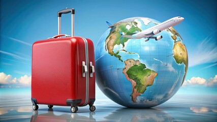 red suitcase and airplane with planet earth globe in background, copy space. travel around the world