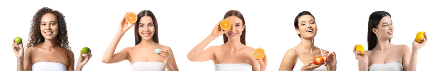 Wall Mural - Set of young women with citrus fruits on white background. Cosmetology concept