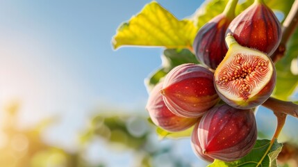 A fig tree branch heavy with ripe figs, set against a vibrant sky, with a focus on the fruit's lush color and natural beauty