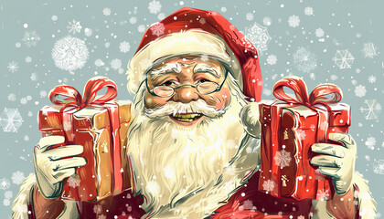 santa claus with two presents, smiling, snow falling