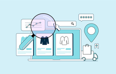 Wall Mural - marketplace seo optimizes product listings, keywords and titles on e-commerce platforms to improve v