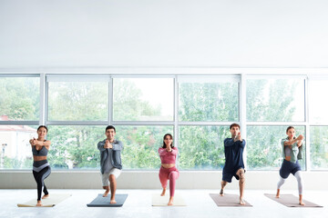 Sticker - Group of sporty young people practicing yoga in gym