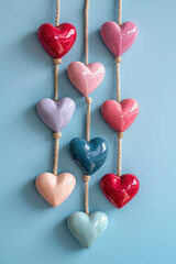 Wall Mural - A row of colorful heart-shaped decorations hanging from a rope. The hearts are of different colors and sizes, creating a visually appealing and cheerful display