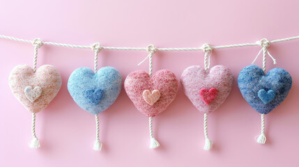 Wall Mural - A row of colorful heart-shaped decorations hanging from a rope. The hearts are of different colors and sizes, creating a visually appealing and cheerful display