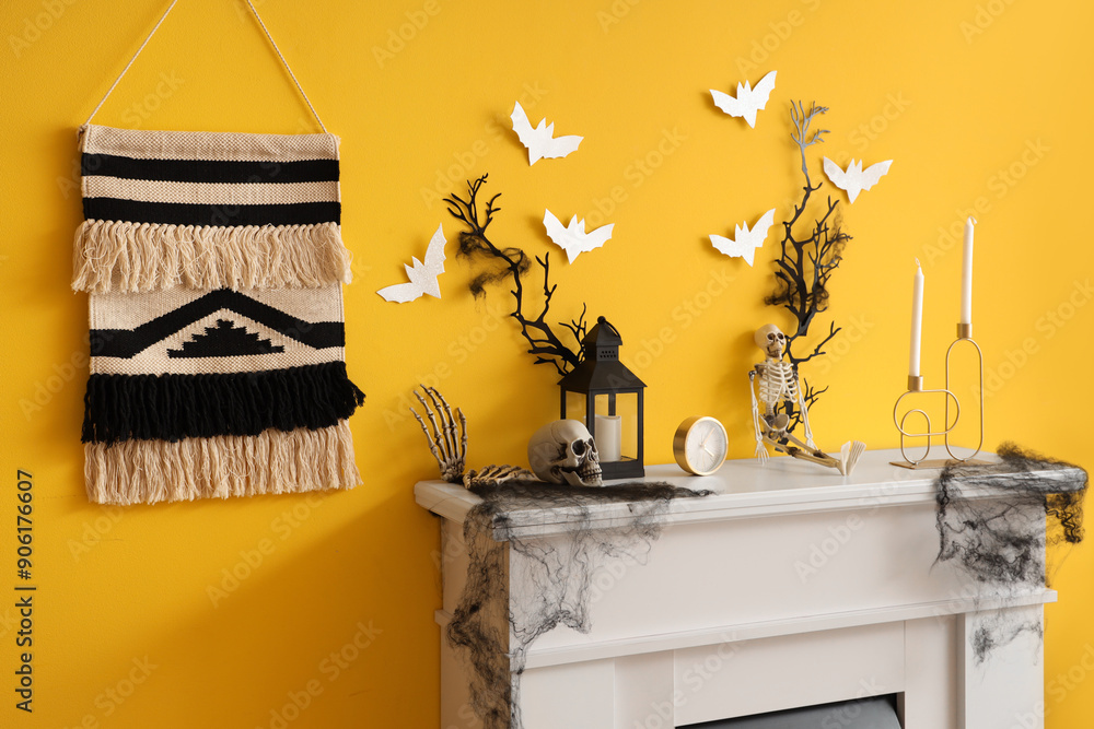 Fireplace with Halloween decor in living room