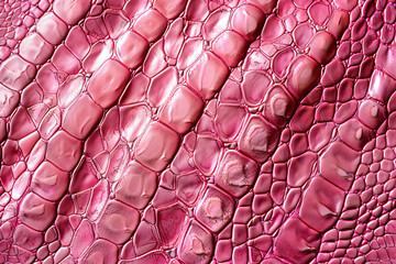 Pink snake skin background, pink leather texture, top view