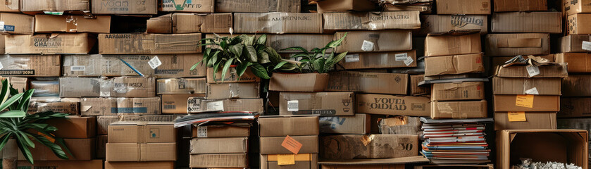 Wall Mural - A pile of cardboard boxes stacked on top of each other. The boxes are of different sizes and shapes, and some of them are covered in dirt and grime. Concept of disorganization and neglect