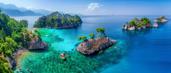 A beautiful blue ocean with a rocky shoreline and a few small islands