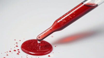 Wall Mural - A red liquid is dripping from a pipette into a series of test tubes. The tubes are lined up in a row, and the liquid is slowly filling them up. Concept of precision and scientific experimentation