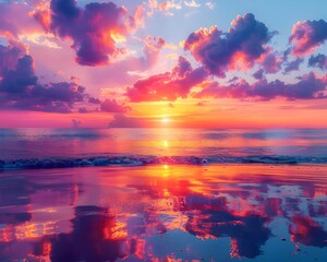 Wall Mural - Breathtaking Sunset Over Serene Tropical Beach with Vibrant Reflection