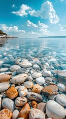 Wall Mural - Tranquil Beach Landscape with Smooth Pebbles and Mirrored Sky Reflection