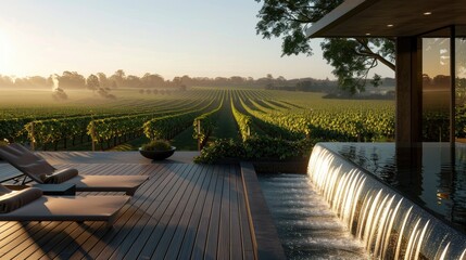 A high-end terrace lounge with a sleek water feature, elegant loungers, and a serene view of a lush vineyard under the soft glow of the morning sun.