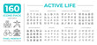 © IMG visuals icons - Active life line icons set collection. Buildings, communication. Entertainment. Hiking gear, meditation mega pack of linear pictograms, pixel perfect. Isolated vector illustrations. Editable stroke