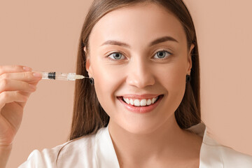 Poster - Beautiful young woman with injection on beige background, closeup