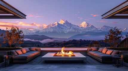 A luxurious terrace lounge featuring a stylish fire feature, plush seating, and a breathtaking view of a mountain range at dawn, with the peaks bathed in the soft glow of the morning sun.