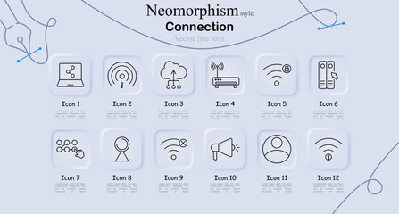 Connection icon set in neomorphism style. Laptop, signal, cloud, network, Wi-Fi, router, connectivity, technology, digital, interface, vector line art