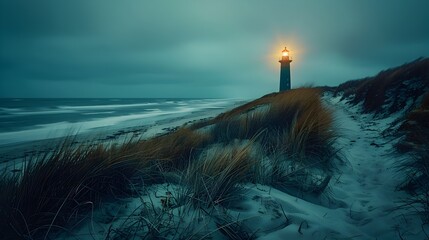 Poster - Solitary Lighthouse Guiding Ships Through the Dramatic Night Seascape